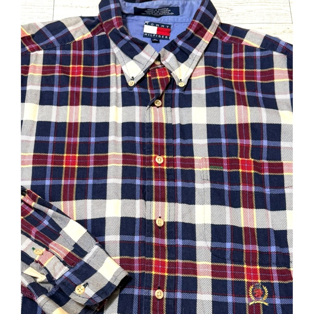 Vintage 90s Y2K Tommy Hilfiger Blue Red Plaid Button Up Shirt XL Crest Logo Ivy